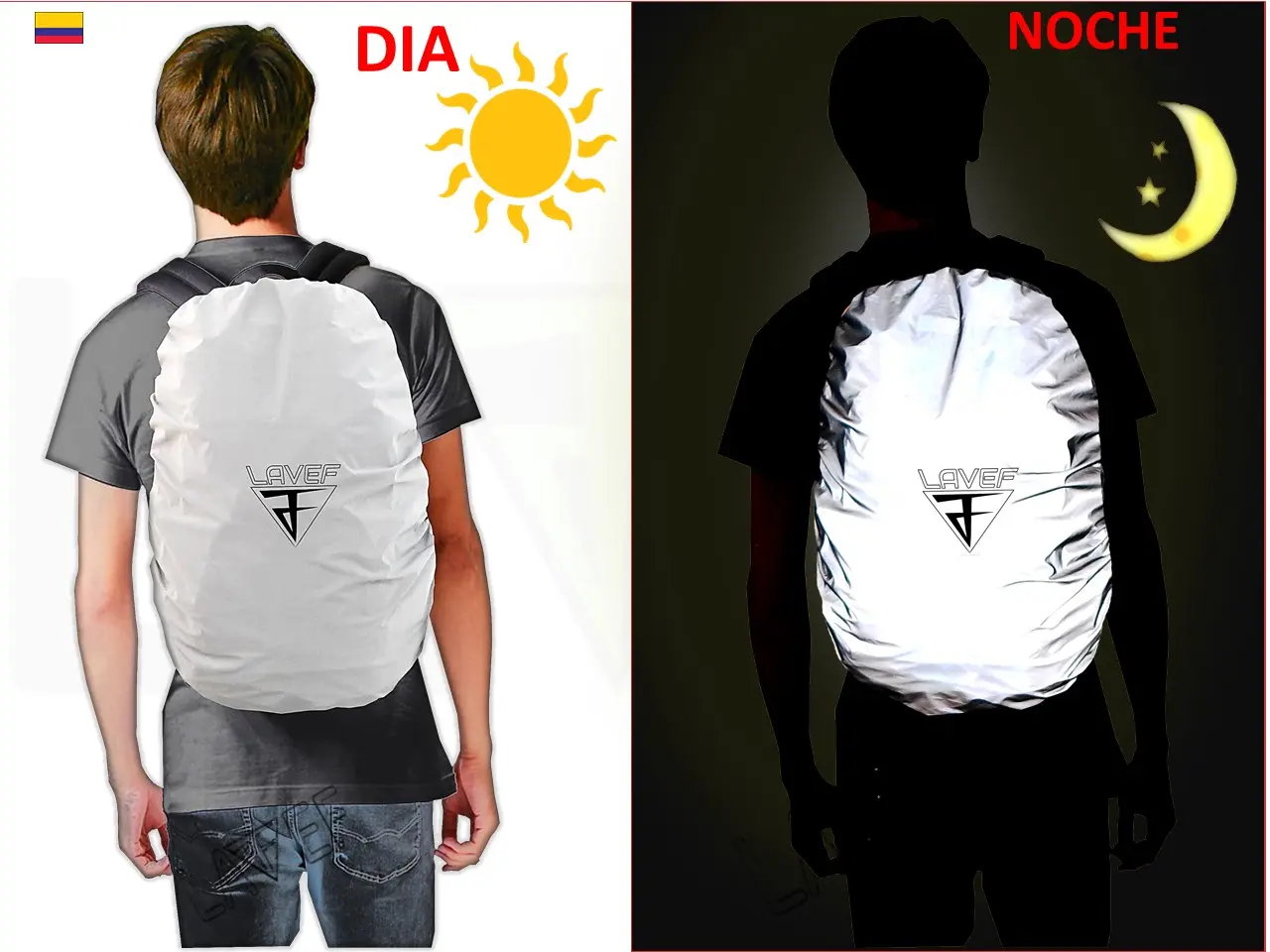 Hombre de espaldas mostrando funda impermeable reflectiva para maletín en dos vistas, color blanco de día y luminosa de noche