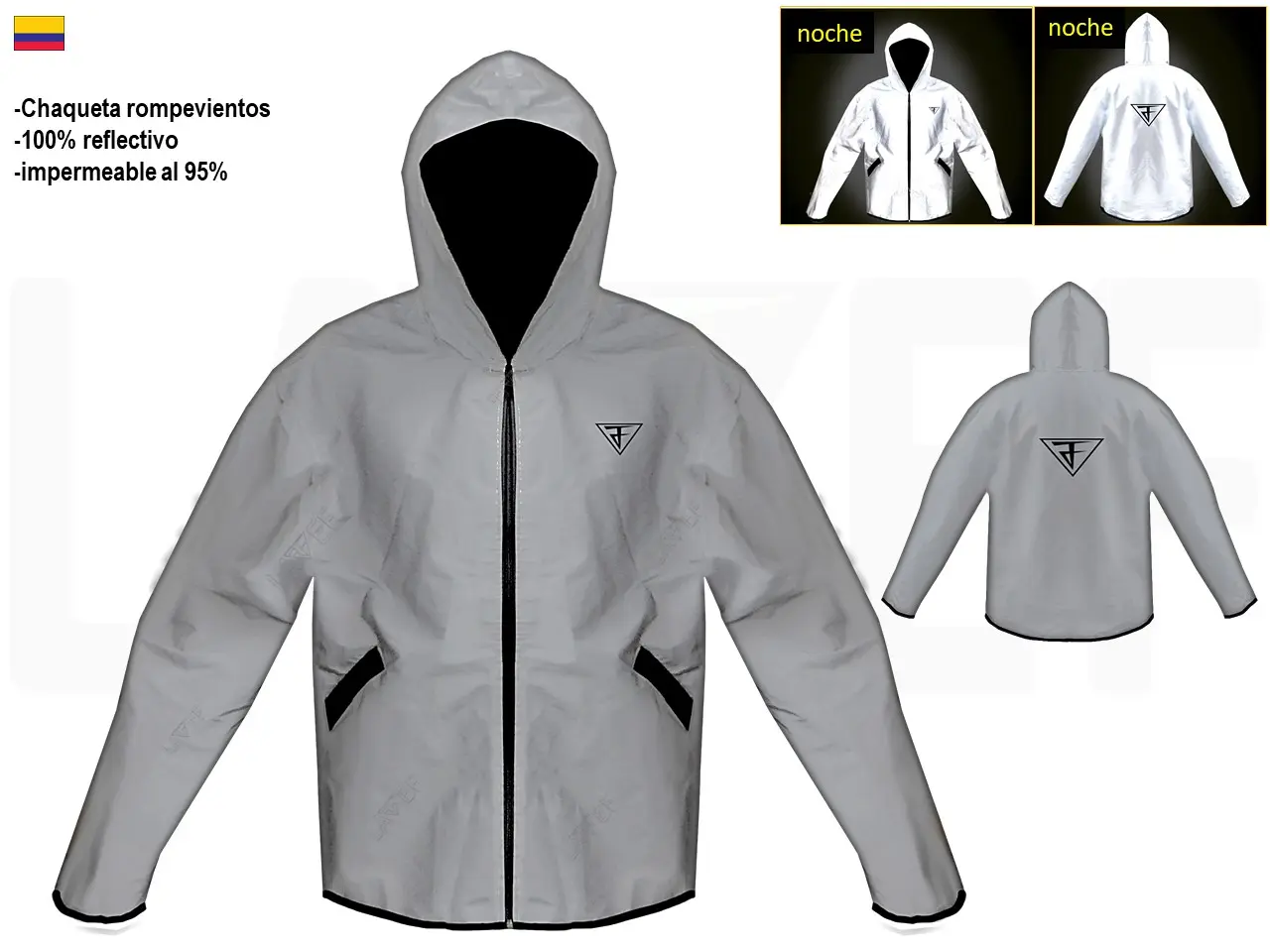 Chaqueta rompevientos gris 100% reflectiva e impermeable para moto y bicicleta, con capucha y cierre frontal negro.