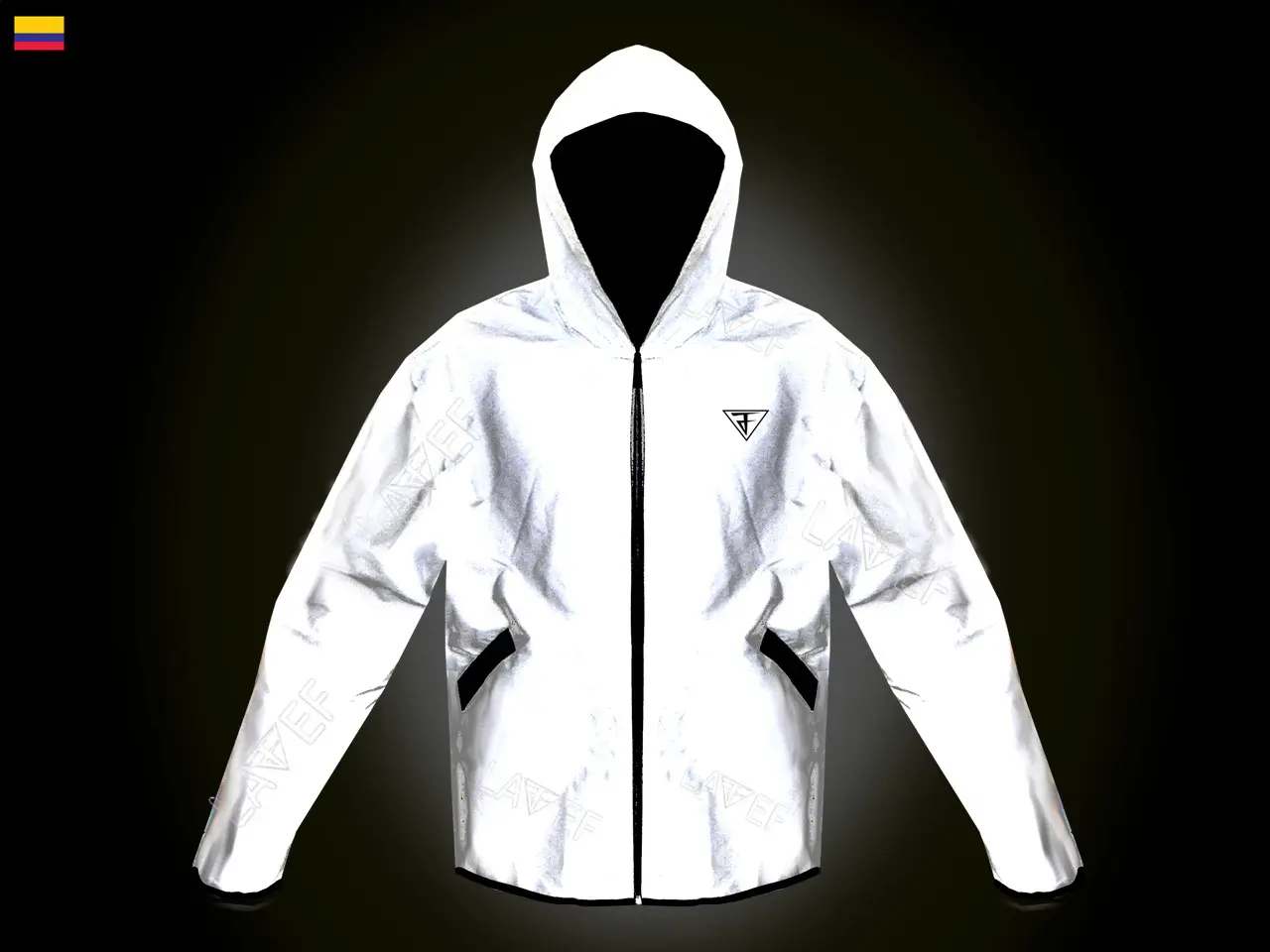 Chaqueta rompevientos reflectiva color plata con capucha y cierre frontal completo, ideal para seguridad nocturna en moto y bicicleta.