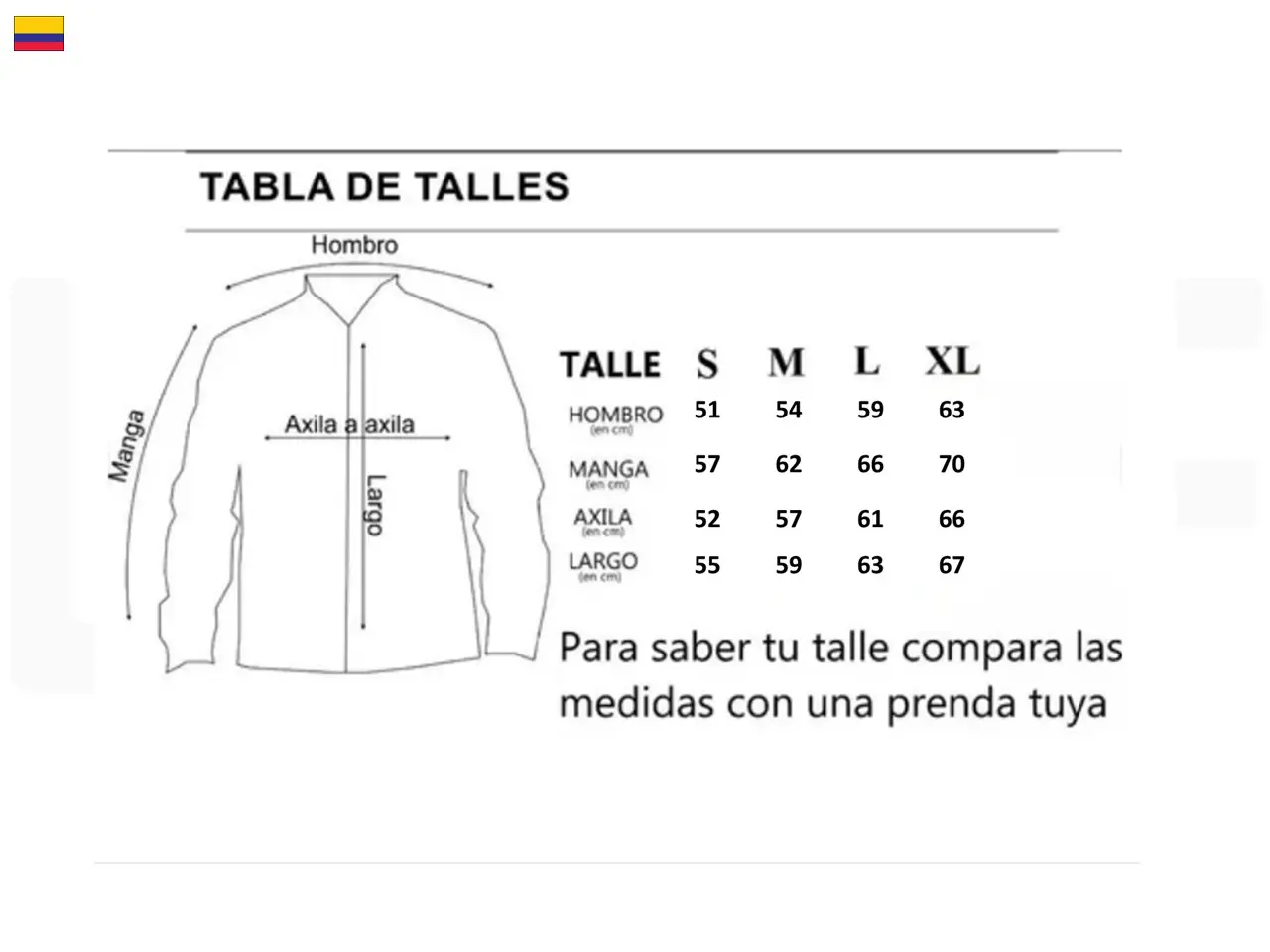 Tabla de talles para chaqueta rompevientos. Medidas en cm para S, M, L y XL: hombro, manga, axila y largo detalladas por cada talla.