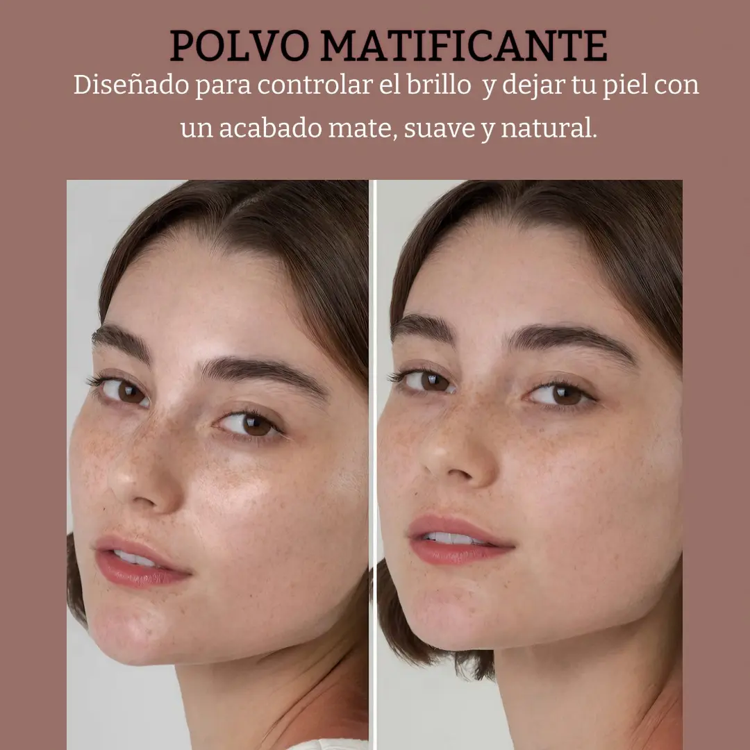 Comparación de rostro de mujer antes y después de aplicar polvo matificante para controlar el brillo y lograr acabado mate.