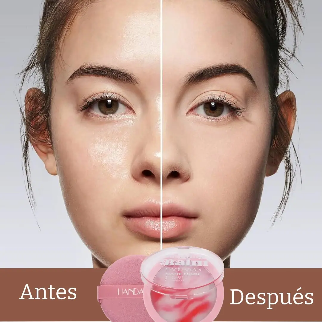 Comparativa de rostro con piel grasa brillante frente a piel mate tras usar polvo facial matificante compacto Handa en estuche rosa.
