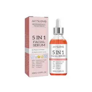 Suero facial antienvejecimiento 5 en 1 Jaysuing de 30 ml, presentado en frasco con gotero y caja rosada con lista de ingredientes activos.