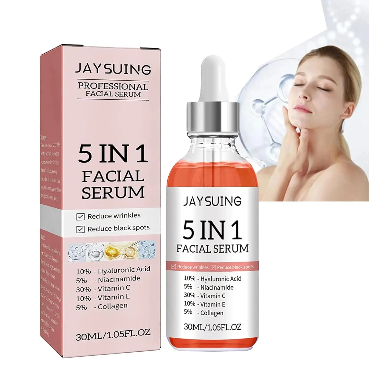 Suero facial antienvejecimiento 5 en 1 de 30 ml con ácido hialurónico, vitamina C y colágeno, presentado en caja y frasco con gotero junto a modelo.