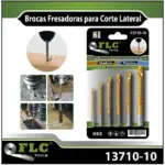 Set de 6 brocas fresadoras HSS FLC Tools para corte lateral en madera y plástico, con acabado dorado y diámetros de 3 a 8 mm.