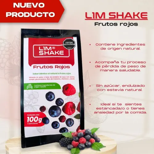 Empaque negro y blanco de batido en polvo sabor frutos rojos de 100g sobre una base de madera, rodeado de moras y arándanos frescos.