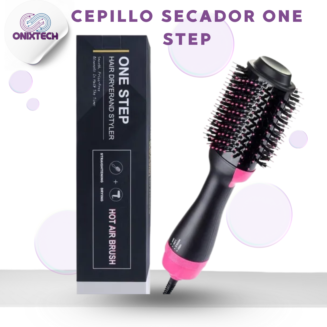 Cepillo secador Onixtech One Step negro con detalles rosa y su caja. Cabezal ovalado con cerdas de puntas rosadas para secado y estilizado.