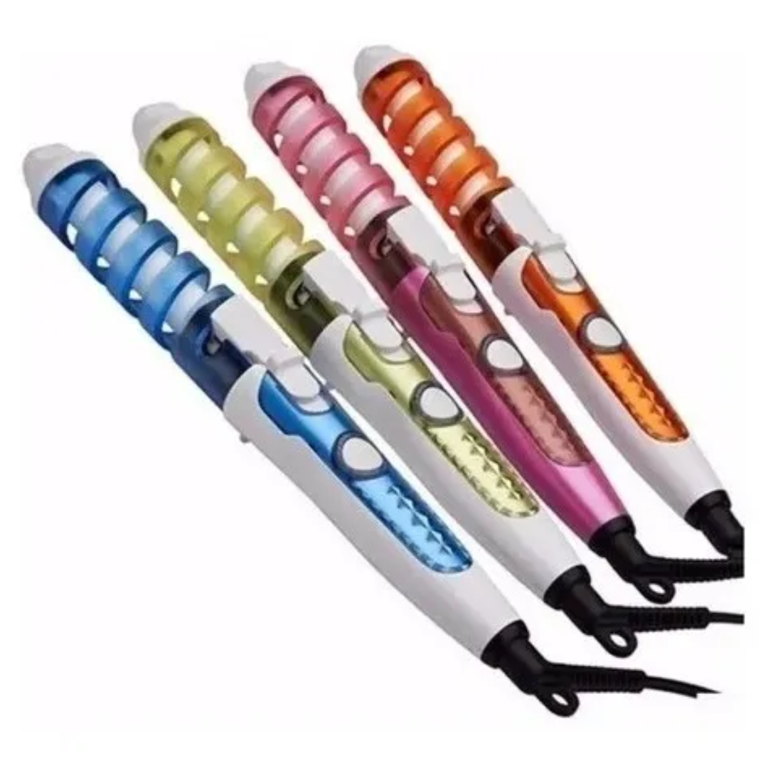 Cuatro rizadoras de cabello en espiral con mango blanco y barril de colores azul, verde, fucsia y naranja con cable giratorio.