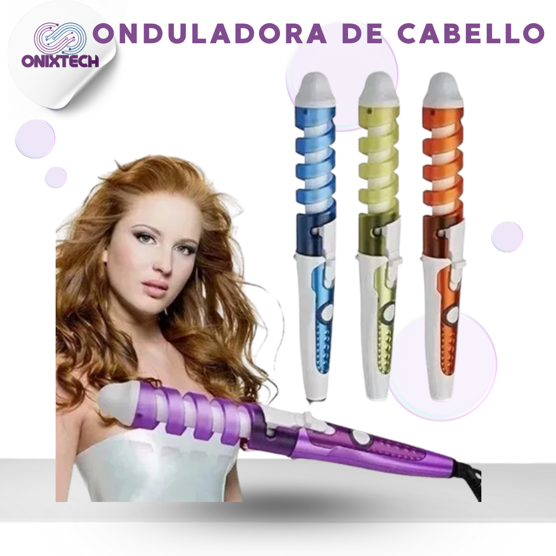 Onduladora de cabello morada con diseño espiral y punta fría, acompañada de modelo y otras tres unidades en colores azul, verde y naranja.
