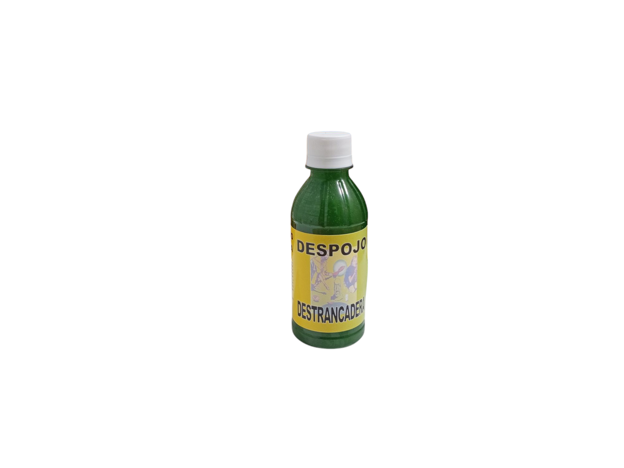 Botella plástica con líquido verde, tapa blanca y etiqueta amarilla que dice despojo destrancadera, ideal para limpiezas energéticas.