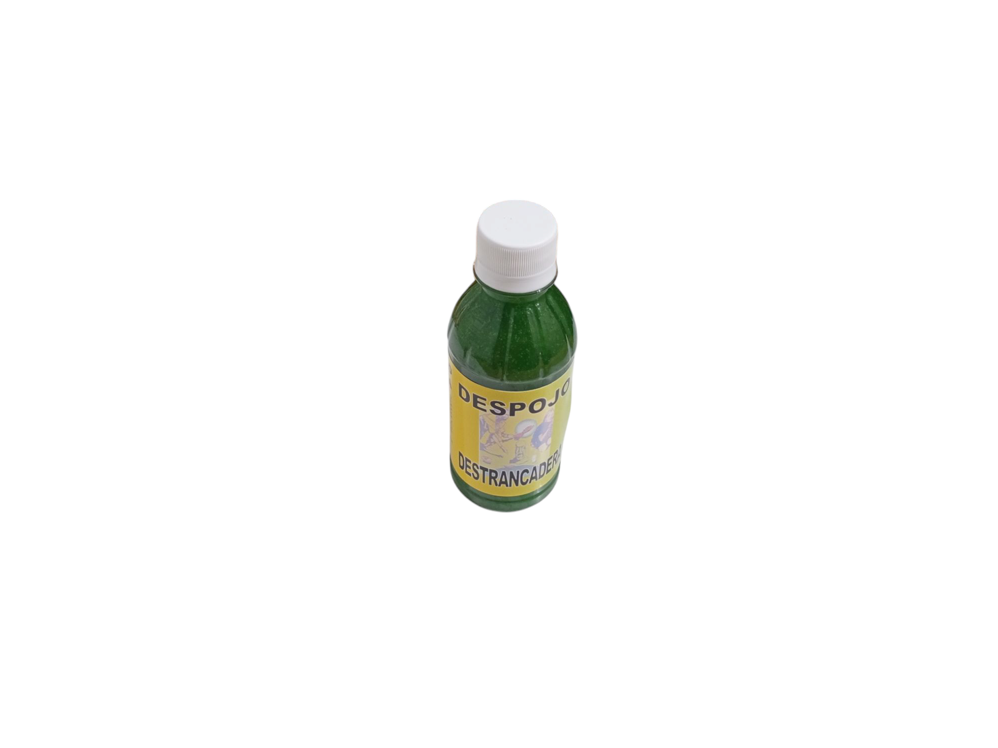 Botella plástica con líquido verde brillante y tapa blanca, etiqueta amarilla con texto Despojo Destrancadera, vista superior central.