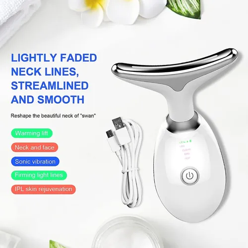 Masajeador facial y de cuello blanco con cabezal ergonómico, incluye cable de carga USB y texto promocional sobre beneficios de rejuvenecimiento cutáneo.