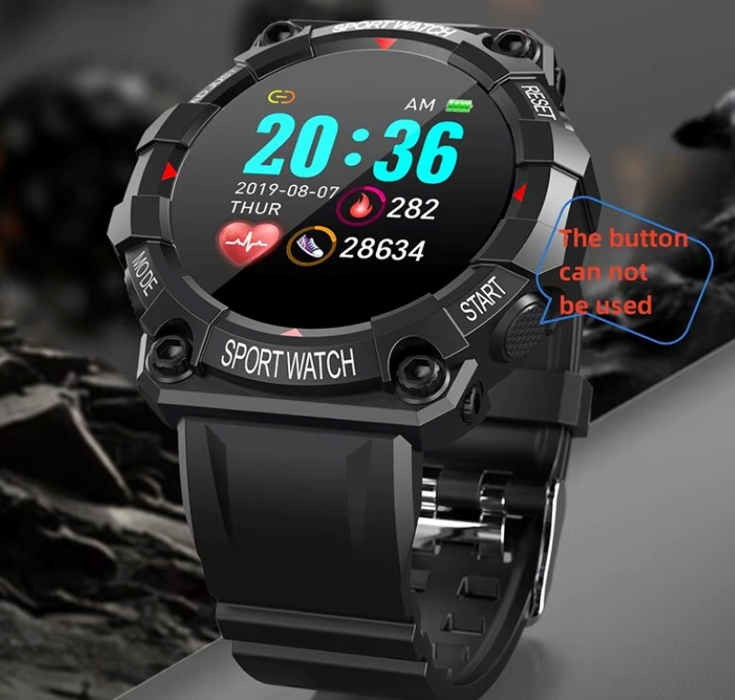Reloj inteligente deportivo negro de pulsera con pantalla circular y monitor de salud, angulo superior derecho.