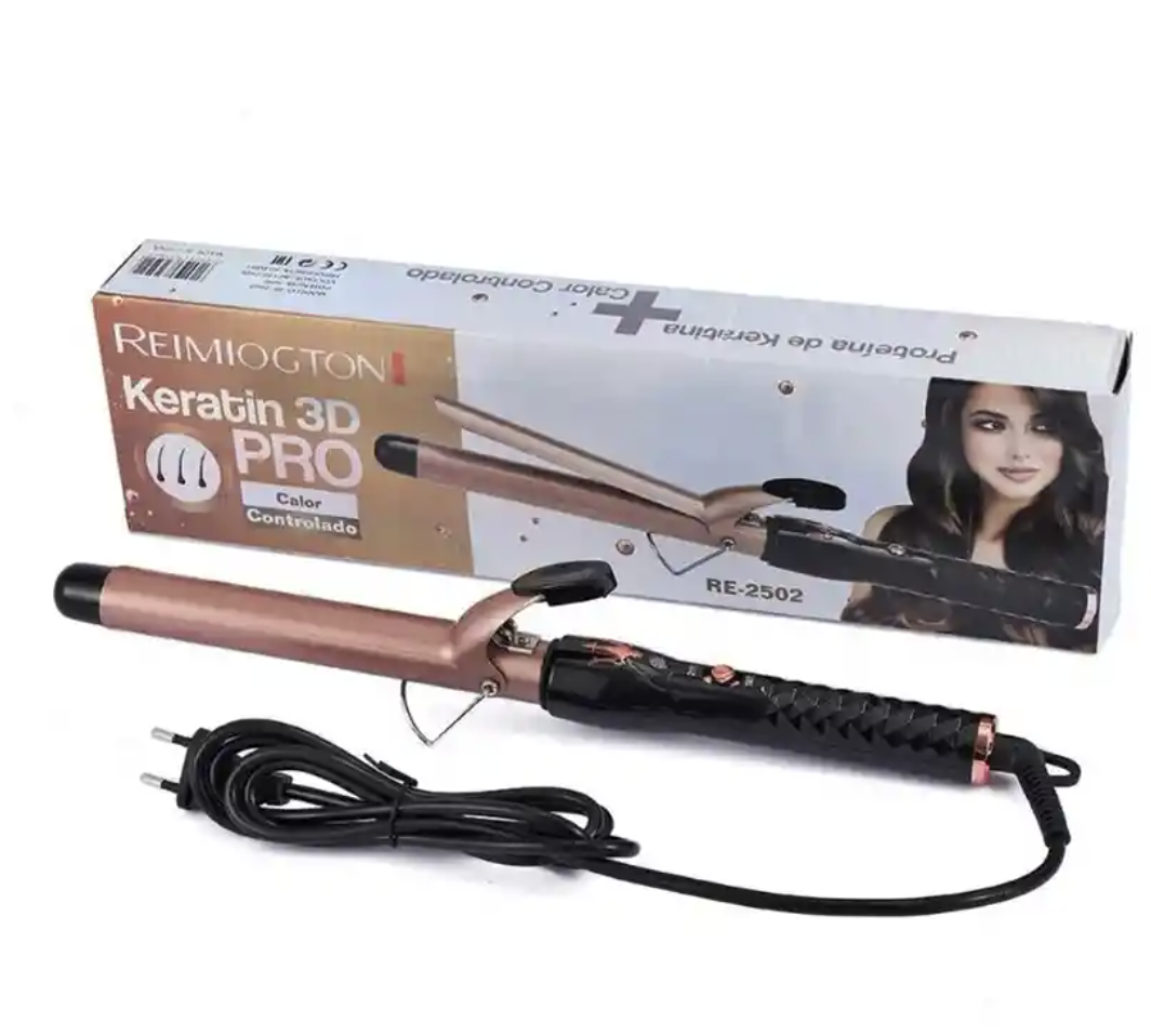 Pinza rizadora de barril grueso color oro rosa con mango negro y cable, junto a su caja de empaque con diseño Keratin 3D Pro.