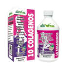 Frasco y caja de suplemento dietario líquido BioVital 10 Colágenos sabor frutos rojos de 400 ml, con etiqueta blanca, rosa y morada.