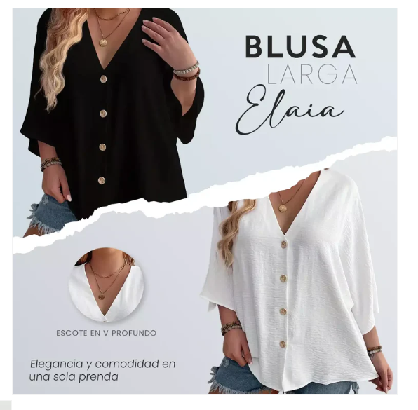 Blusa larga con escote en V profundo y botones frontales, disponible en negro y blanco con mangas amplias para un estilo elegante y cómodo.