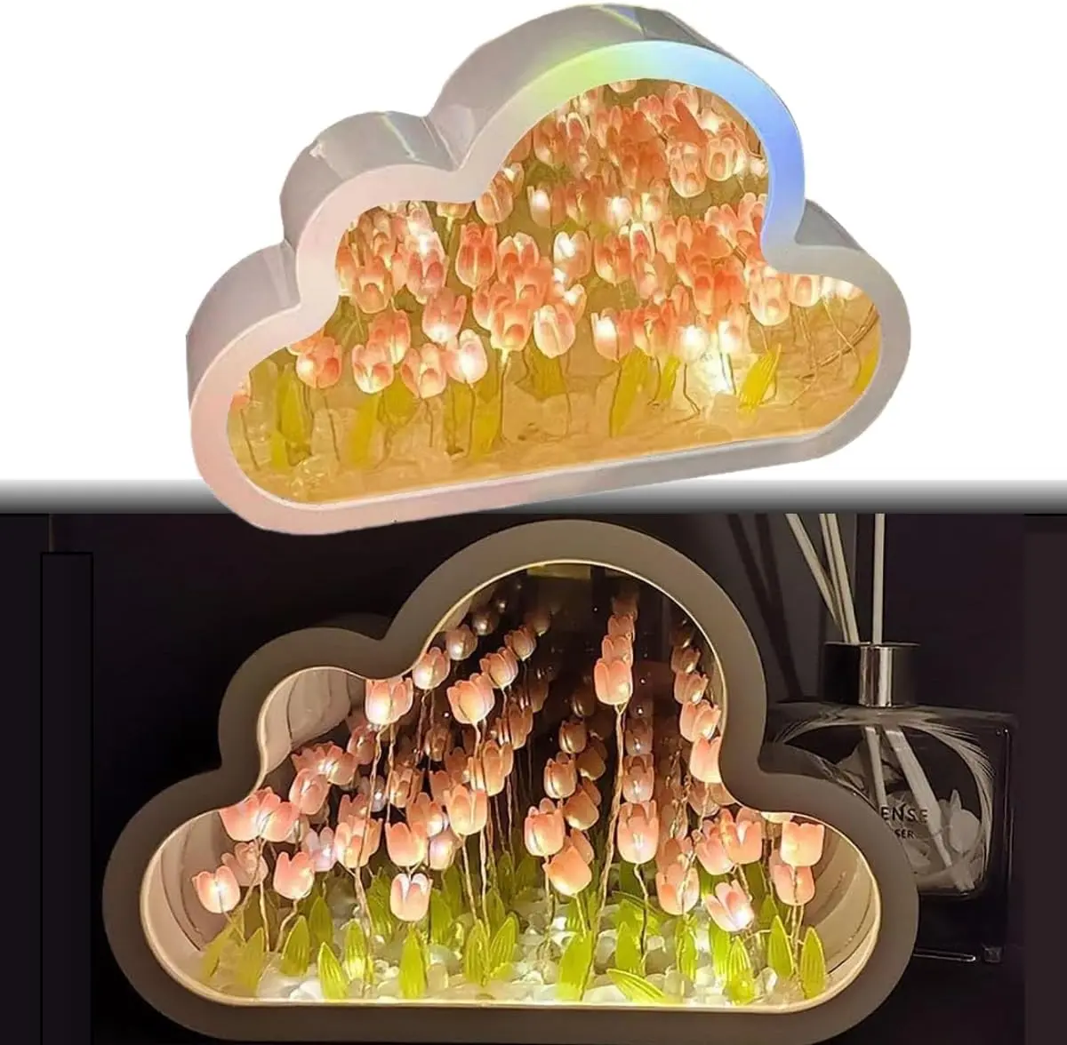Lámpara de espejo con forma de nube, tulipanes rosados y luz LED cálida, mostrada en detalle y en ambiente nocturno.