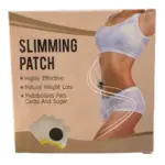 Caja de parche reductor para abdomen en tonos beige con la de una mujer y cuatro parches cuadrados con centro negro.