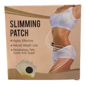 Caja de parche reductor para abdomen en tonos beige con la de una mujer y cuatro parches cuadrados con centro negro.