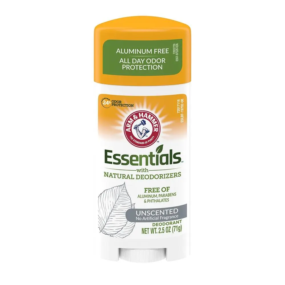 Desodorante en barra Arm and Hammer Essentials sin aluminio, unscented, de 2.5 oz, envase blanco con tapa naranja.