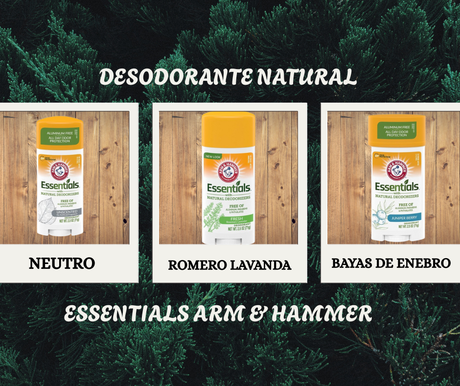 Trío de desodorantes naturales en barra Arm and Hammer con variantes Neutro, Romero Lavanda y Bayas de Enebro sobre fondo de pino.