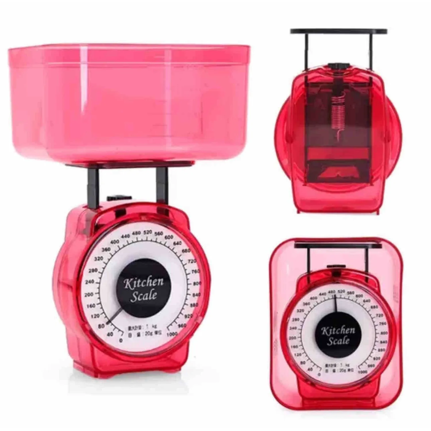 Báscula de cocina mecánica transparente en color fucsia con tazón desmontable y capacidad máxima de 1 kg mostrada desde tres ángulos.