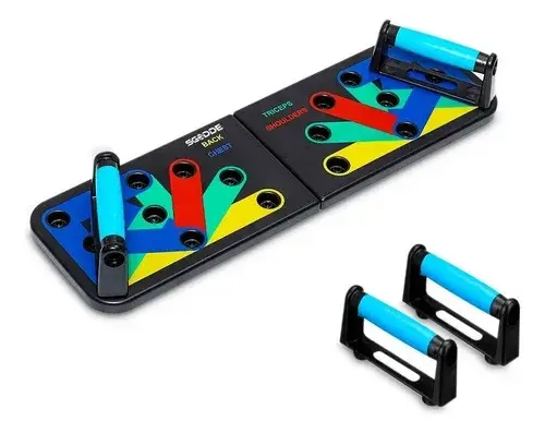 Tabla de flexiones plegable negra con marcas de colores para pecho, espalda, hombros y tríceps, junto a dos manijas azules adicionales.