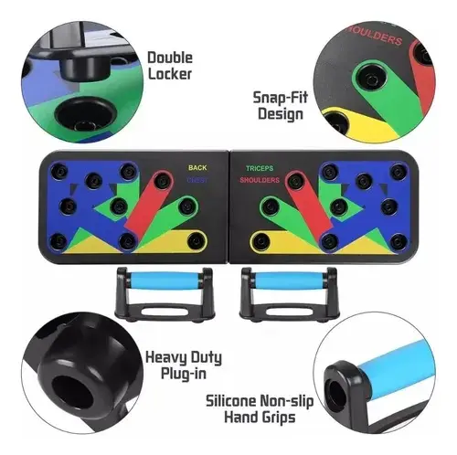 Tabla de flexiones plegable negra con asas azules y base codificada por colores para diferentes grupos musculares, incluye detalles de anclaje.