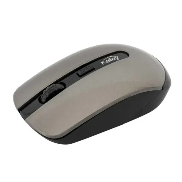 Mouse inalámbrico Kalley gris con negro, diseño ergonómico, rueda de desplazamiento y botón DPI ajustable superior.