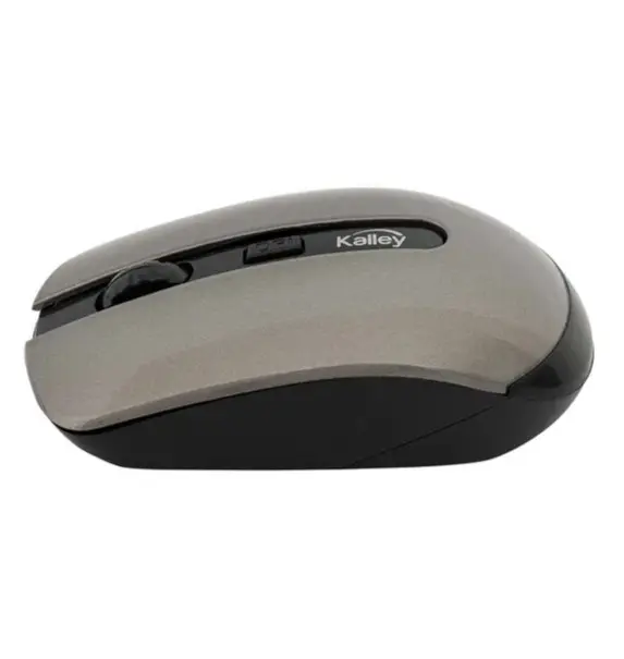 Mouse inalámbrico Kalley gris y negro con rueda de desplazamiento y botón DPI visible.