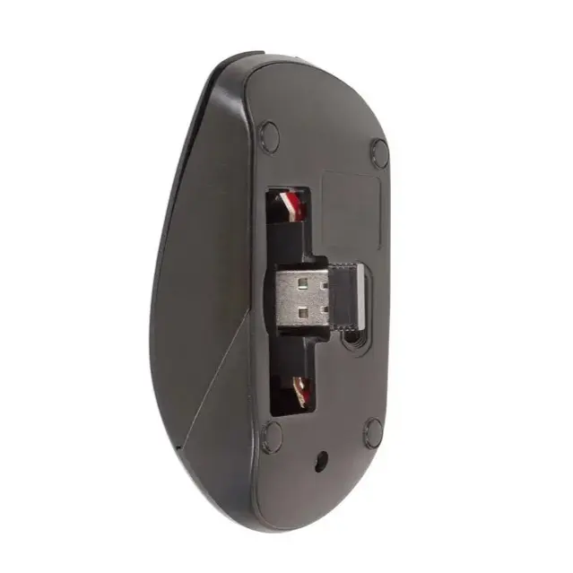 Mouse inalámbrico negro Kalley K Gmig con nano receptor USB alojado en la parte inferior y base con deslizadores visibles