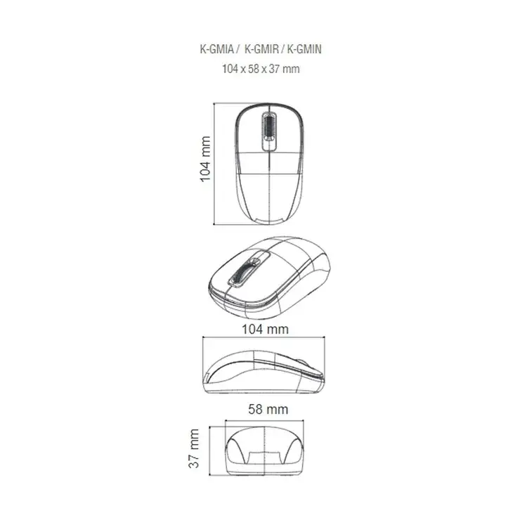 Esquema técnico de dimensiones del mouse inalámbrico: longitud de 104 mm, ancho de 58 mm y altura de 37 mm, mostrado en vista superior, lateral y frontal.