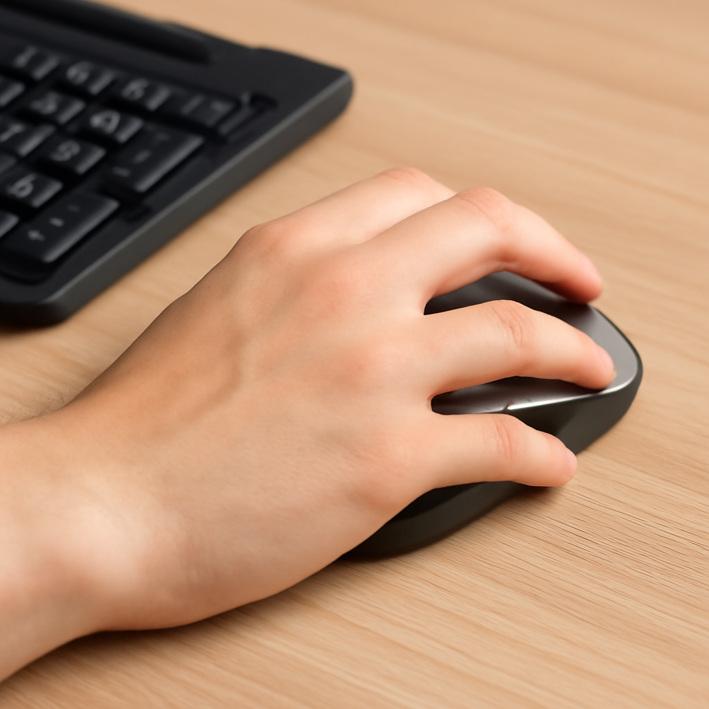 Mano derecha operando un mouse inalámbrico Kalley negro de diseño ergonómico sobre un escritorio de madera clara junto a un teclado.