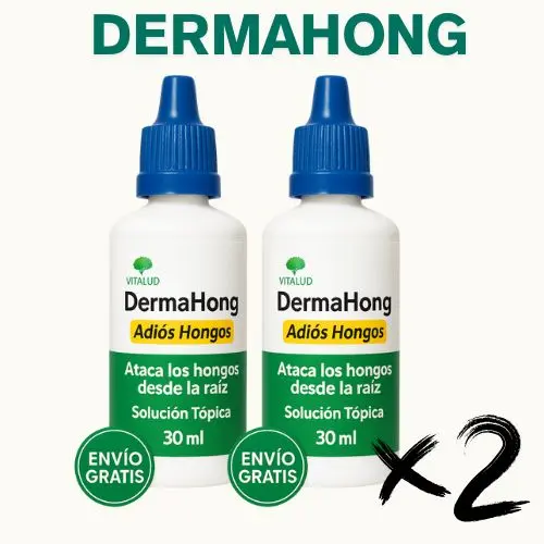 Dos frascos plásticos blancos de Dermahong 30 ml con tapa azul, solución tópica para hongos, con etiqueta verde y sello de envío gratis.