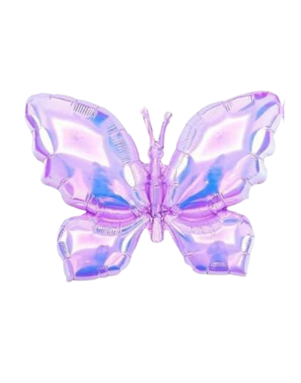 Globo de mariposa metalizado con acabado tornasol en tonos violeta, azul y rosa, con alas extendidas para decoración de fiestas.