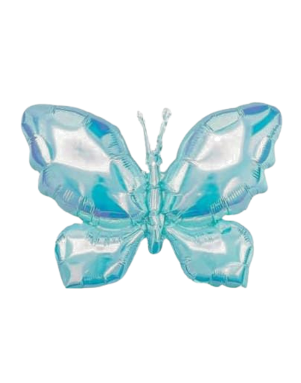 Globo de mariposa metalizado en color azul claro con acabado tornasol e iridiscente para decoración de fiestas.