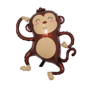 Globo metalizado marrón de mono cuerpo entero con detalles en beige, diseño divertido y brillante para fiestas infantiles temáticas de selva.