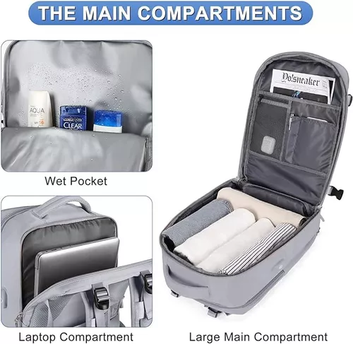 Mochila de viaje gris abierta mostrando compartimentos organizadores, bolsillo húmedo impermeable, sección acolchada para portátil y amplio espacio interior.