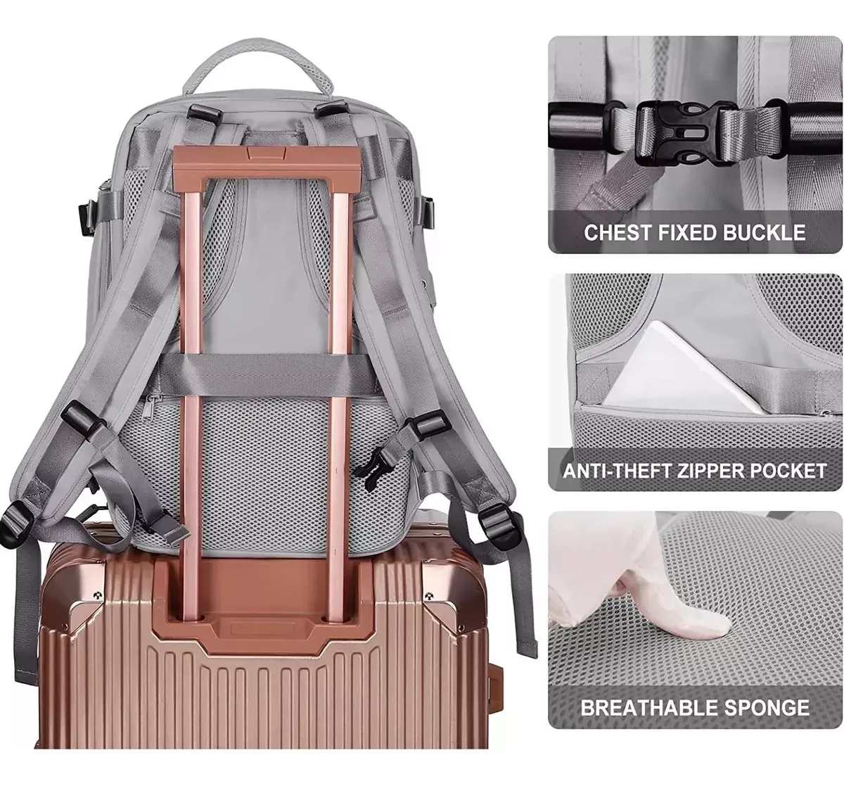 Mochila de viaje gris sobre maleta rosada, con correas ajustables, bolsillo antirrobo y panel de esponja transpirable.