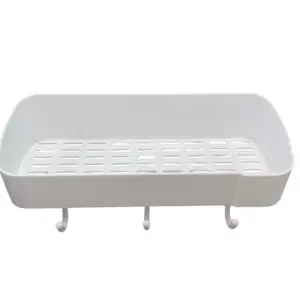 Organizador multiusos blanco de plástico con base de rejilla para drenaje y tres ganchos inferiores integrados, ideal para baño o cocina.