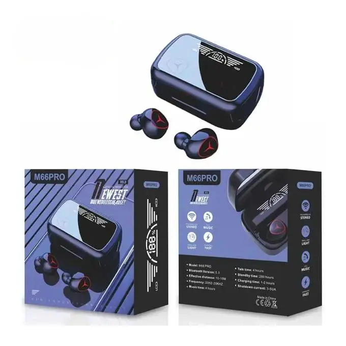 Audífonos Bluetooth in-ear M66Pro azul oscuro con estuche de carga con pantalla digital, junto a dos cajas de empaque con especificaciones técnicas.