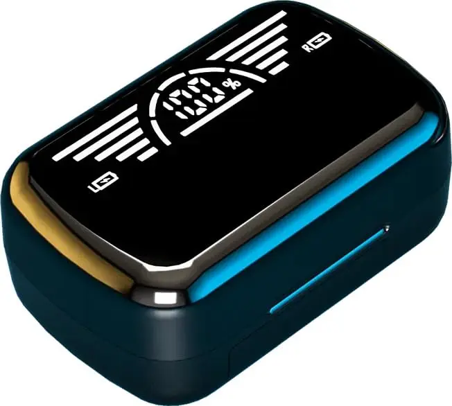 Estuche de carga para audífonos inalámbricos en color azul oscuro con pantalla LED digital superior que muestra el porcentaje de batería.