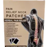 Caja beige de parches herbales para dolor de cuello y espalda, con anatómica de columna y tres parches visibles.