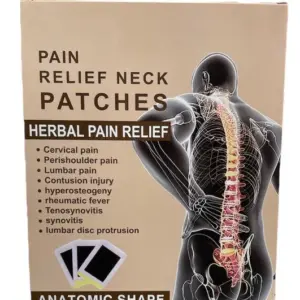 Caja beige de parches herbales para dolor de cuello y espalda, con anatómica de columna y tres parches visibles.