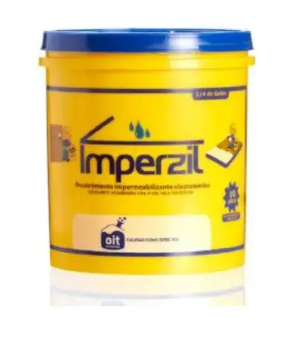 Balde amarillo de impermeabilizante elastomérico Imperzil, presentación de 1/4 de galón, para protección de superficies contra humedad y grietas.
