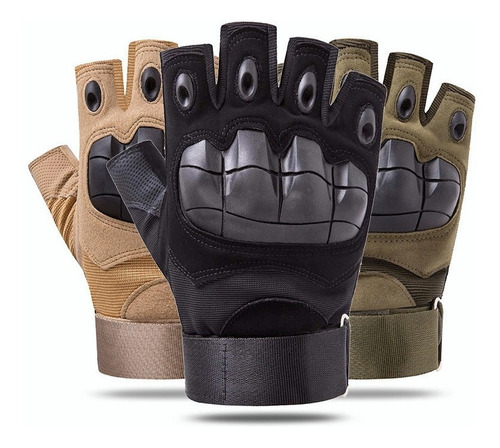 Guantes de moto sin dedos con protectores rígidos en nudillos, mostrados en colores negro, beige y verde oliva.