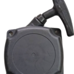 Tapa de arranque manual negra de alta resistencia para guadaña, con carcasa plástica cuadrada de cuatro agujeros de fijación y manija de tracción ergonómica.