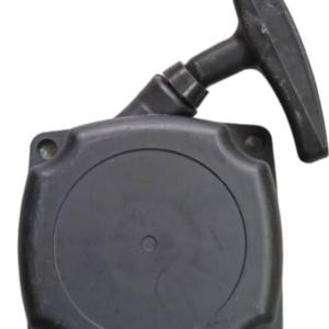 Tapa de arranque manual negra de alta resistencia para guadaña, con carcasa plástica cuadrada de cuatro agujeros de fijación y manija de tracción ergonómica.