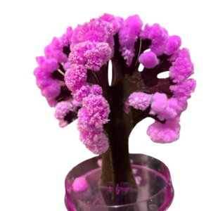 Kit de cultivo de árbol mágico Sakura con cristales rosados en floración, tallo marrón y base plástica transparente circular.