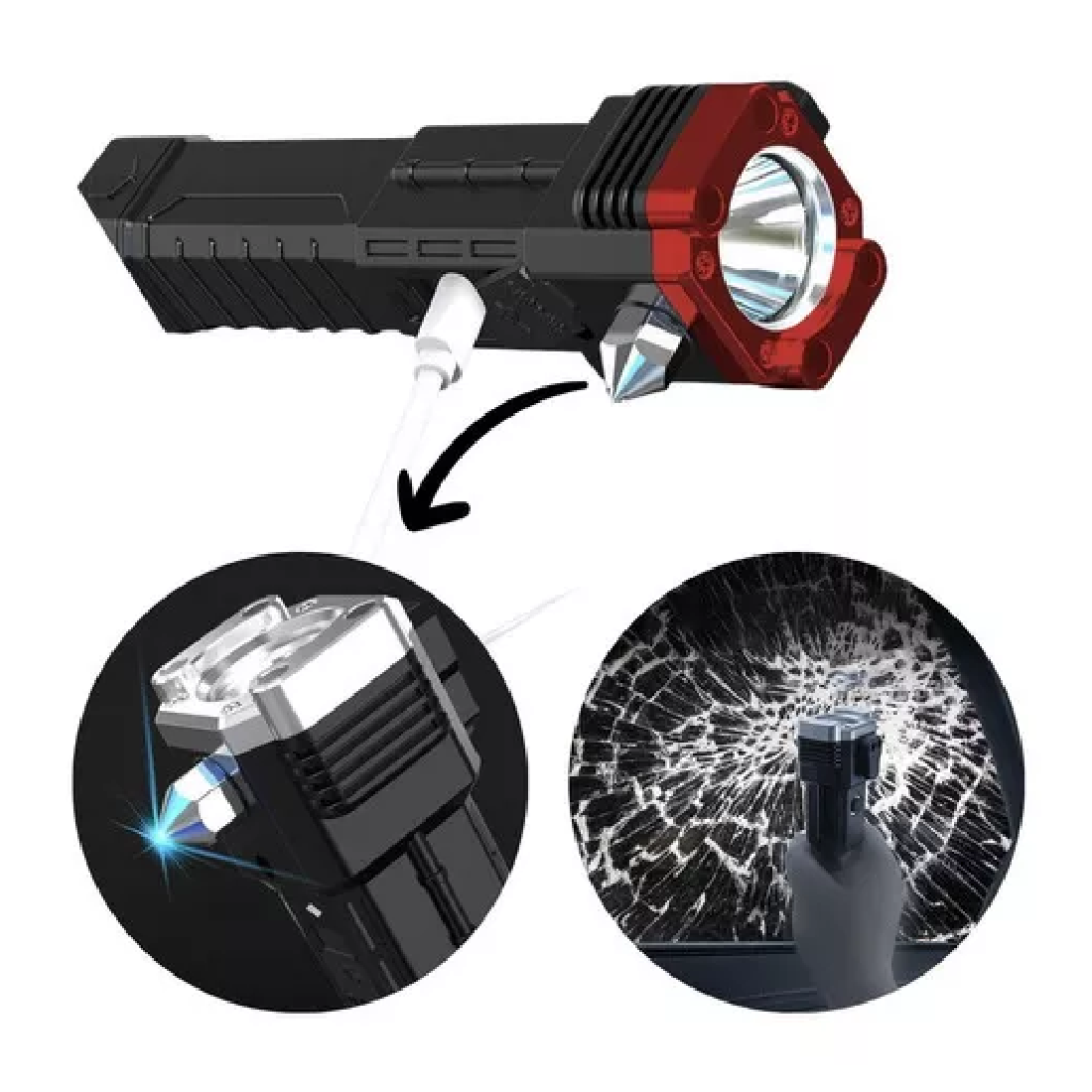 Linterna LED táctica multifuncional negra con bisel rojo, martillo rompevidrios de emergencia y cable USB de carga conectado.